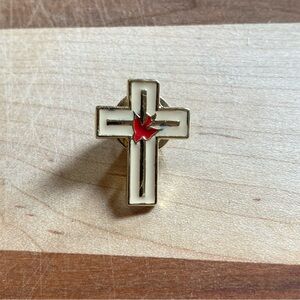 Gold-toned Cross Catholic Confirmation Pin With Cream & Red Enamel With A Dove